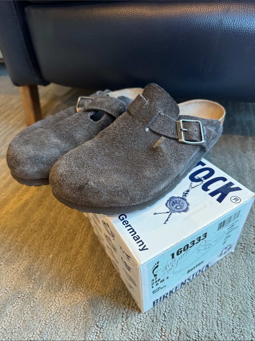 Birkenstock Grey Suede Boston Clogs with Buckle